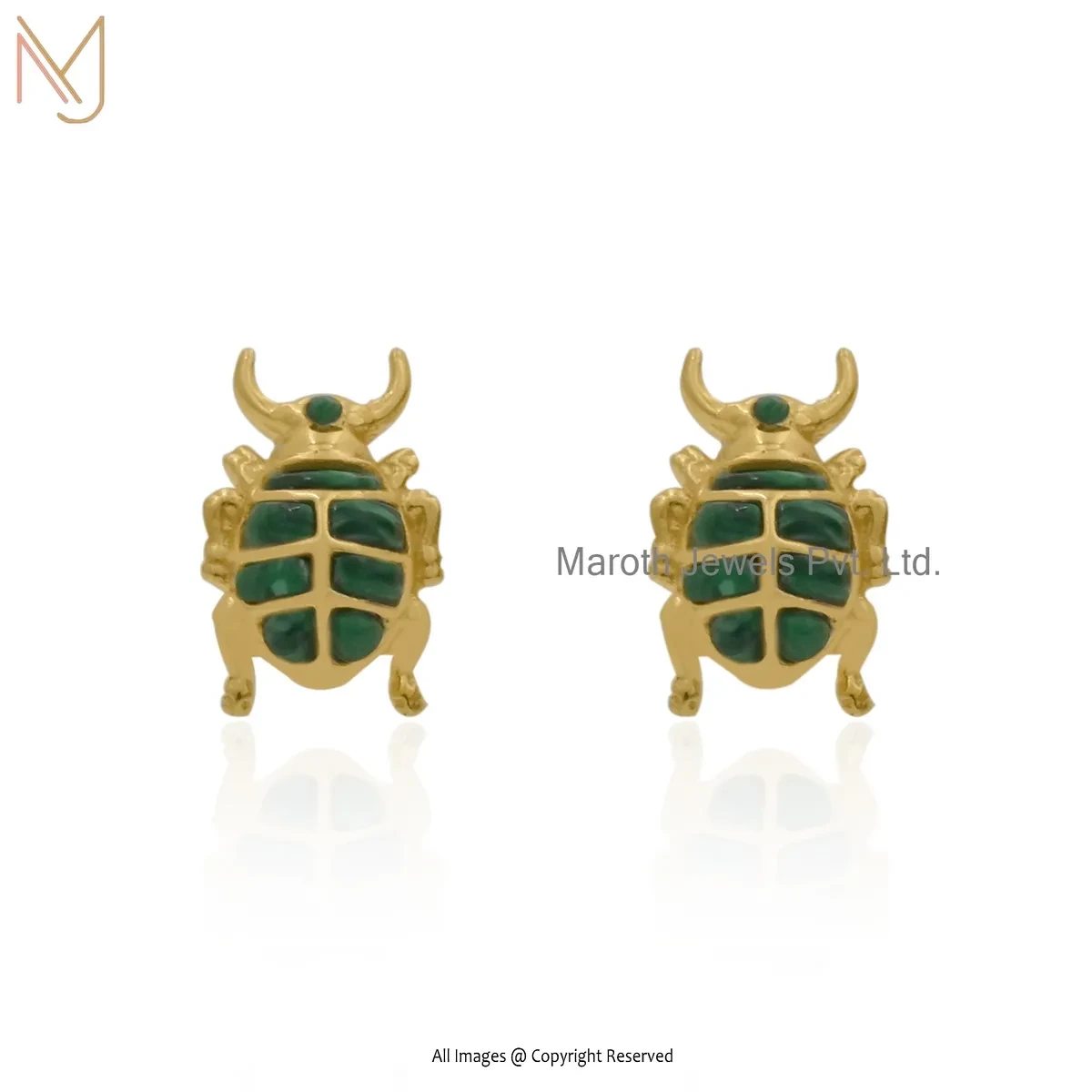 925 Silver Yellow Gold Plated Malachite Scarab Stud Earring Custom Jewelry