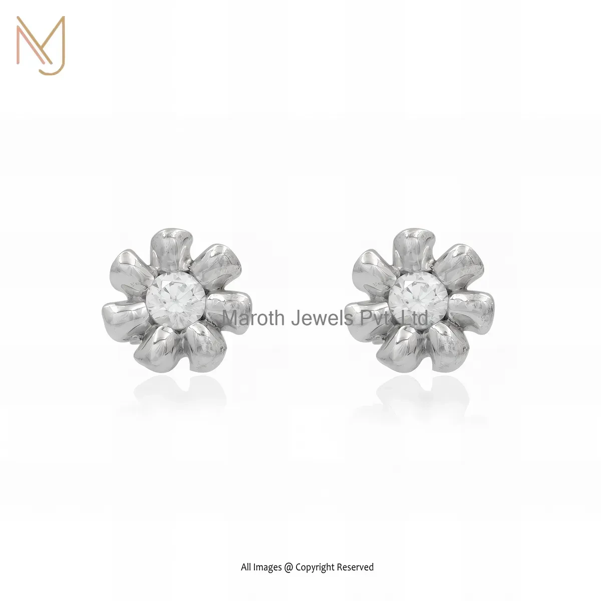 14K White Gold Cubic Zircon Flower Stud Earring Manufacturer