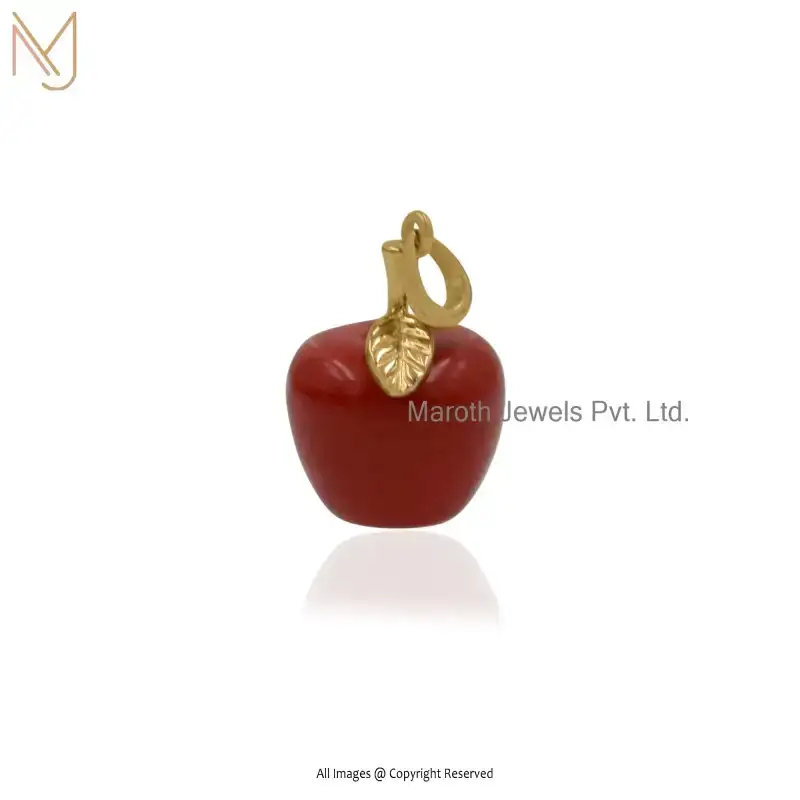 14K Yellow Gold Orange Coral Apple Leaf Pendant Custom Jewelry