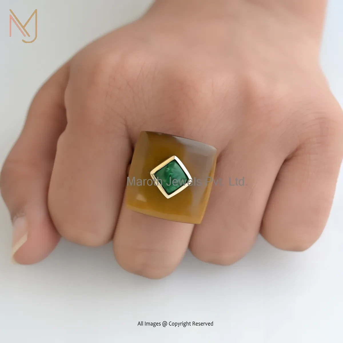 14K Yellow Gold Malachite Gemstone Tiger Eye Ring Custom Jewelry