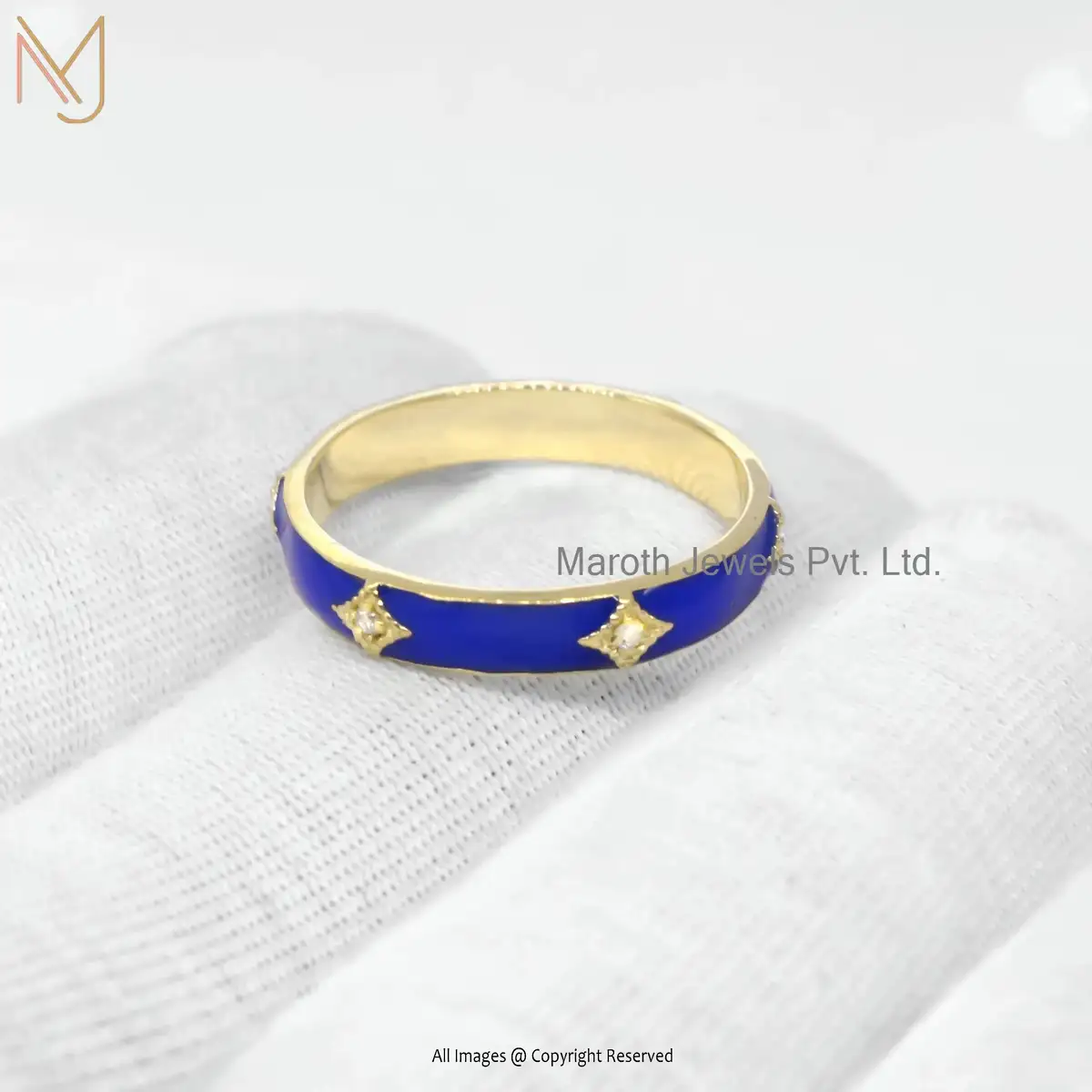 Wholesale 925 Silver Yellow Gold Plated Blue Enamel Diamond Ring Jewelry