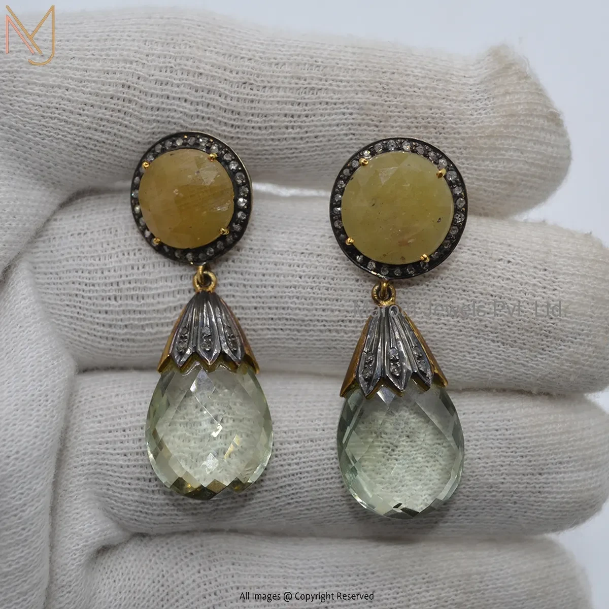 Private Lable 925 Silver Rhodium Yellow Gold Plated Pave Diamond And Yellow Sapphire Gemstone Dangle Earring