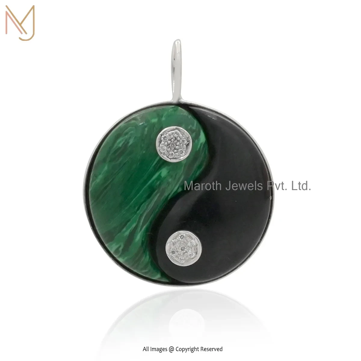 925 Silver Natural Silver Plated Black Onyx & Malachite And Cubic Zircon Yin Yang Pendant USA
