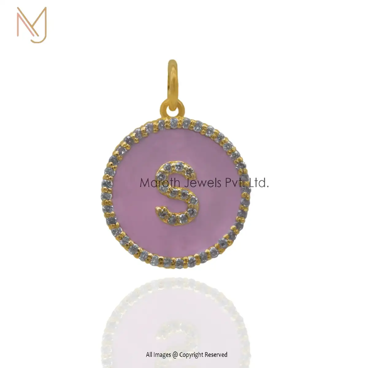 925 Silver Yellow Gold Pave Diamond Pink Enamel S Initial Monogram Pendant Jewelry Manufacturer