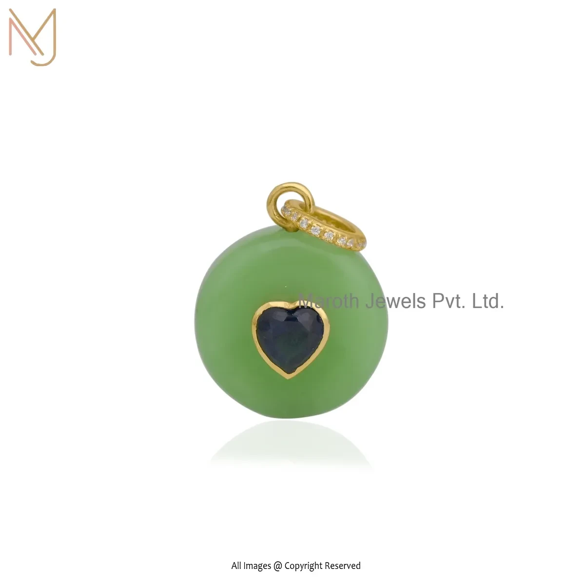 Wholesale 14K Yellow Gold Cubic Zircon & Blue Sapphire And Green Opal Disc Pendant