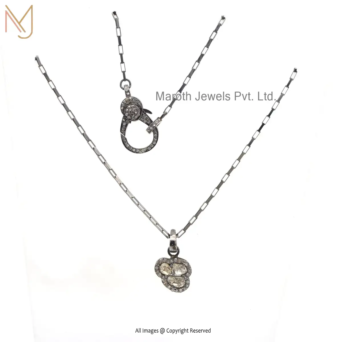 925 Silver Black Rhodium Designer Rose Cut Diamond Pendant Box Chain Necklace & Snap Lock Jewelry USA