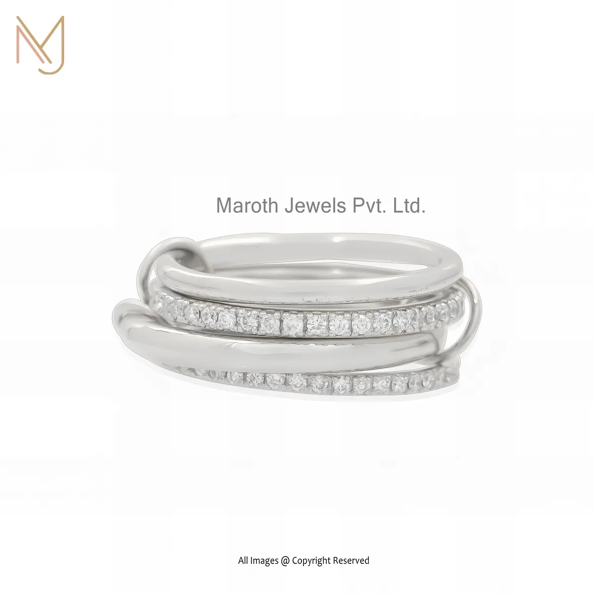 Private Lable 14K White Gold Cubic Zircon Connector Band Link Ring