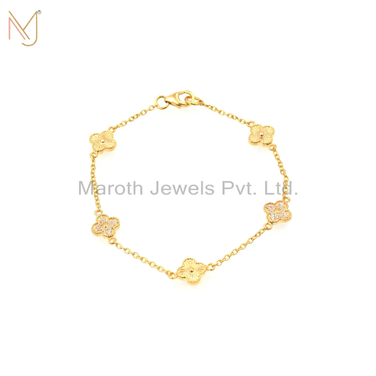 925 Silver Yellow Gold Plated CZ Flower Bracelet Jewelry Supplier