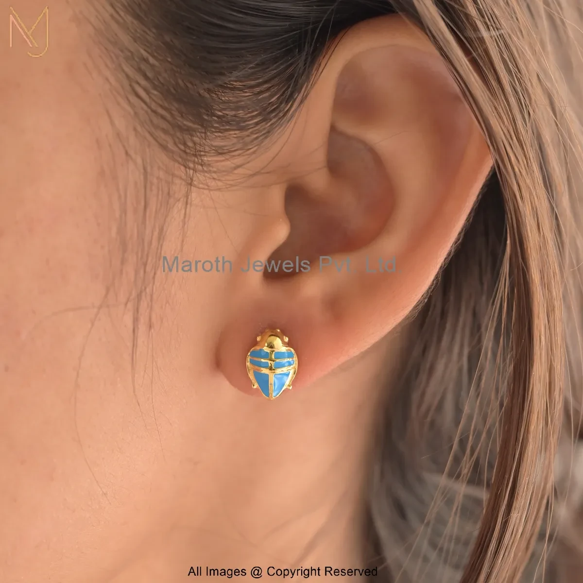 925 Silver Yellow Gold Plated Blue Enamel Scarab Beetle Stud Earring - Wholesale Custom Jewelry