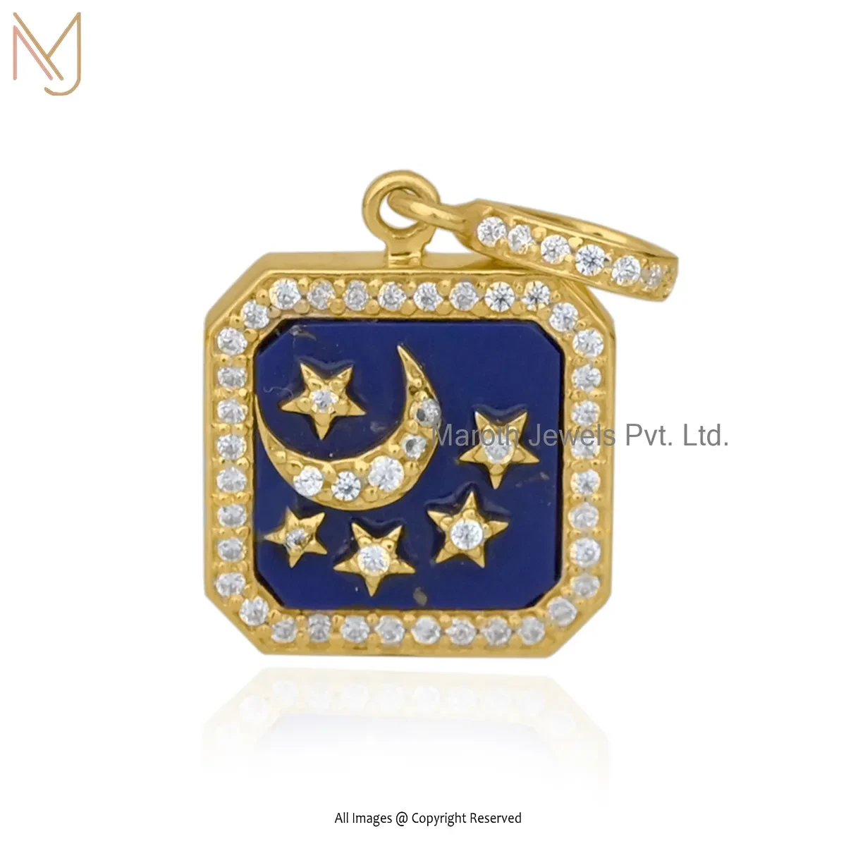 Wholesale 925 Silver Yellow Gold Plated Lapiz Lazuli & CZ Square Star Moon Pendant