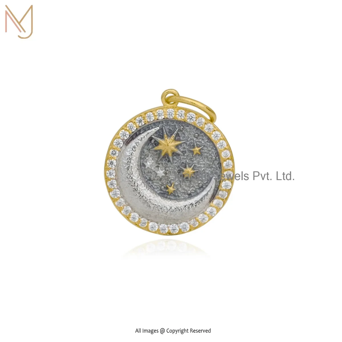 Private Lable 14K Yellow Gold Diamond Cubic Zircon Star Moon Pendant Jewelry