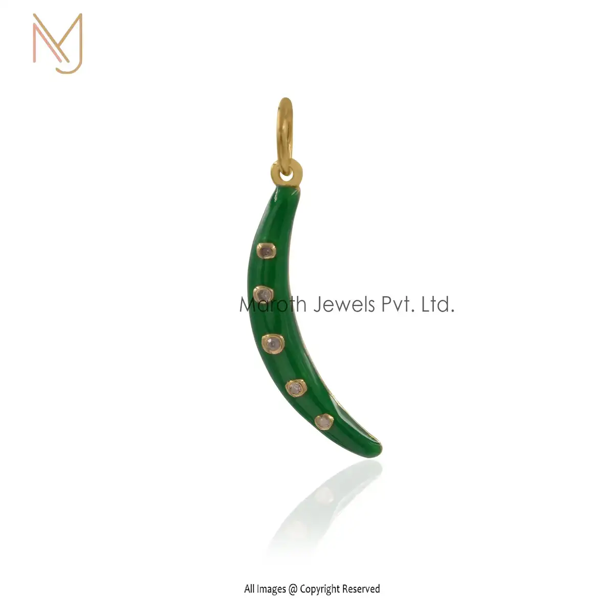 14K Yellow Gold Diamond & Green Enamel Crescent Moon Pendant Jewelry Supplier