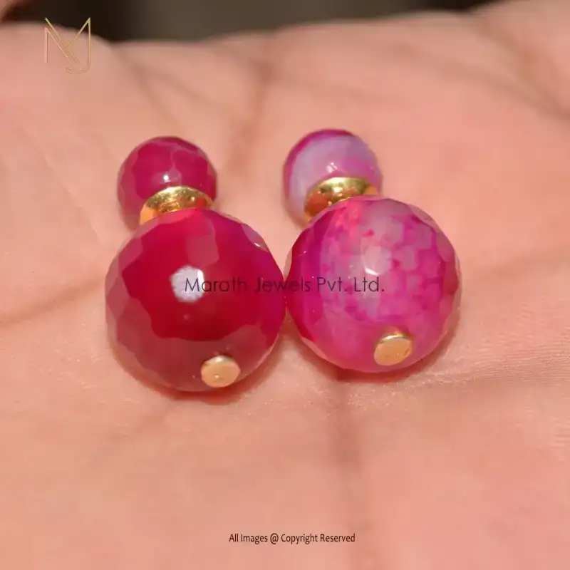 925 Silver Yellow Gold Plated Pink Onyx Gemstone Stud Earring Manufacturer