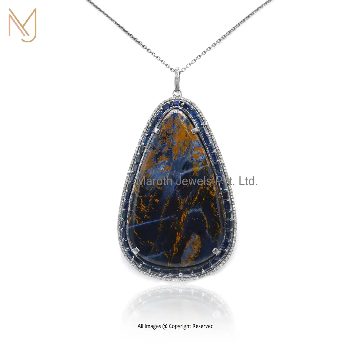 925 Sterling Silver Rhodium Plated Pave Diamond Pietersite Gemstone Pendant Jewelry Supplier