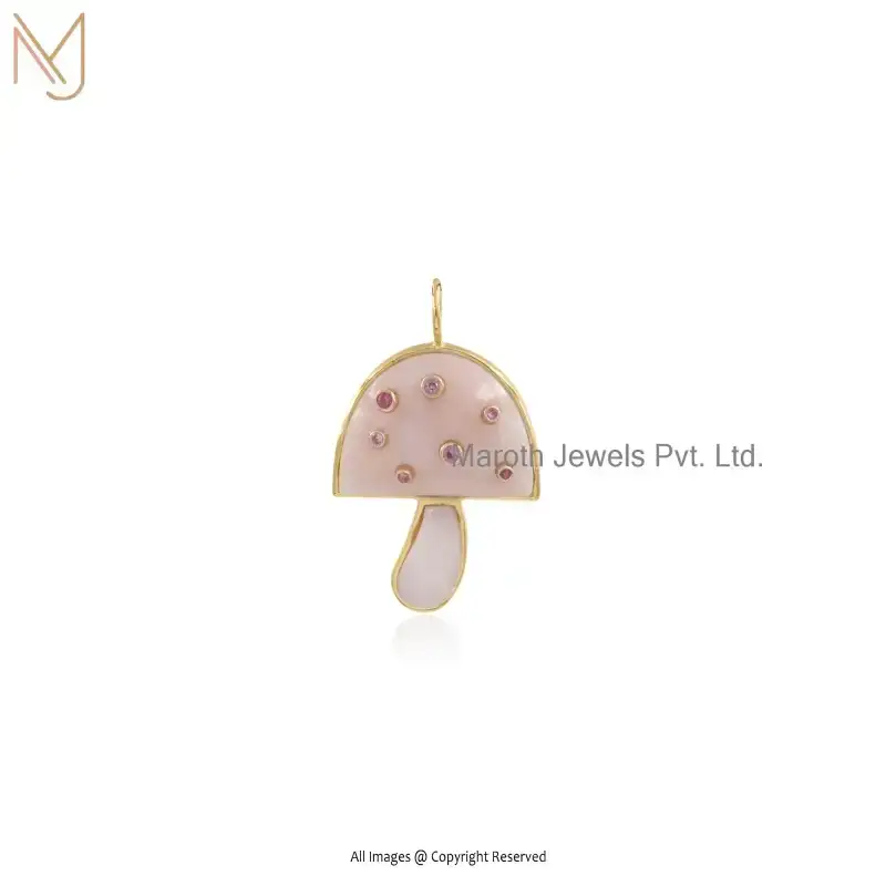 14K Yellow Gold Pink Opal Light & Dark Pink Sapphire Gemstone Mushroom Pendant Jewelry Supplier