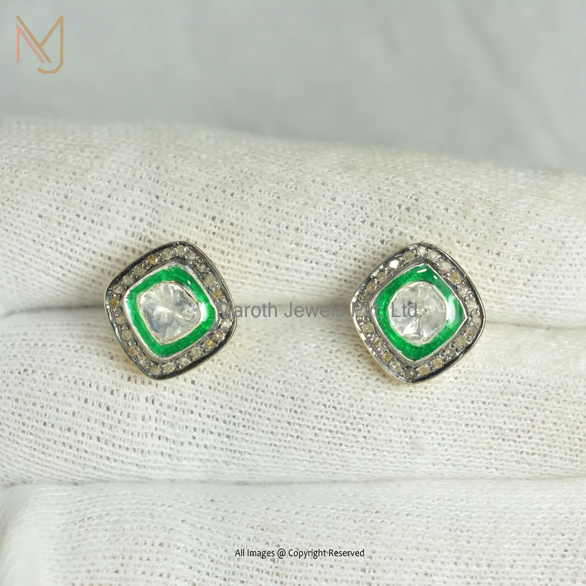 Wholesale 925 Silver Rhodium Yellow Gold Plated Pave Diamond Green Enamel Rose Cut Polki Diamond Stud Earring
