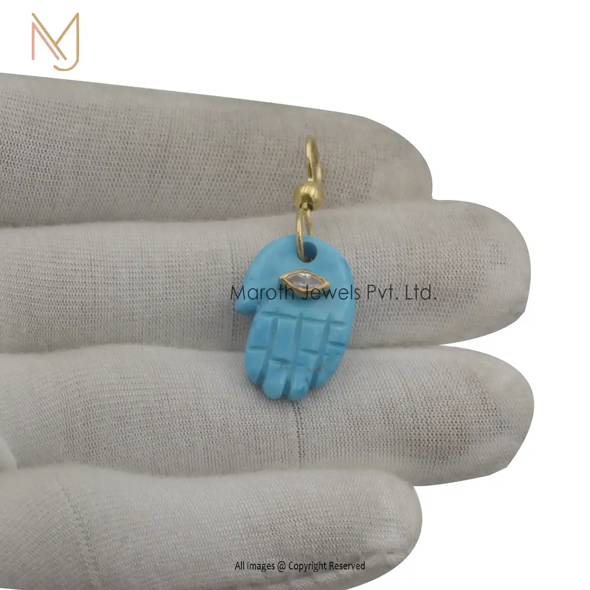 925 Silver Yellow Gold Turquoise & Black Onyx Figa Hand Pendant Manufacturer
