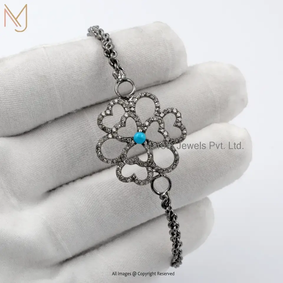 925 Silver Rhodium Plated Pave Diamond And Turquoise Heart Flower Bracelet USA