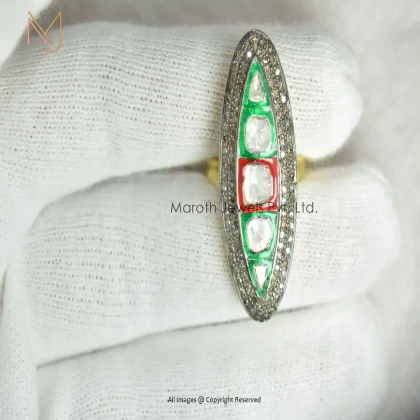 925 Sterling Silver Rhodium Yellow Gold Plated Pave Diamond & Rose Cut Diamond Enamel Ring Jewelry Manufacturer