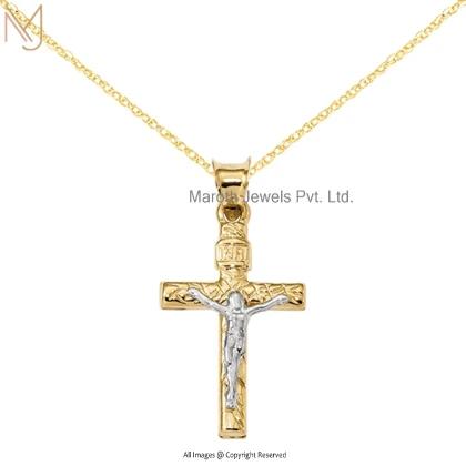 14K Yellow Gold Two-Tone Gold Polished Crucifix And Textured Pendant With Cable Rope Chain Necklace USA