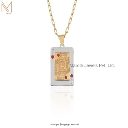 14K Yellow Gold Red Enamel Queen Play Cards Pendant Jewelry Supplier