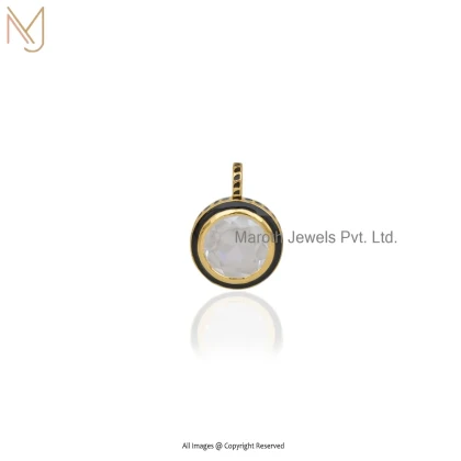 Private Lable 14K Yellow Gold Cubic Zircon & Black Enamel Round Pendant