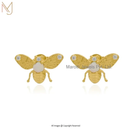 14K Yellow Gold Ethiopian Opal And Cubic Zircon Honey Bee Stud Earring USA