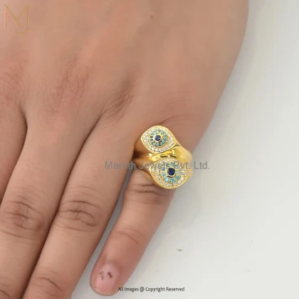 Private Lable 14K Yellow Gold Blue Topaz And Blue Sapphire Evil Eye Ring