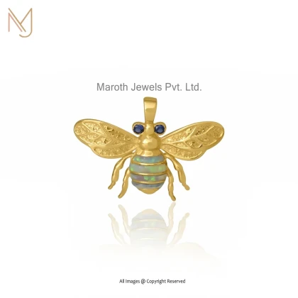 14K Yellow Gold Ethiopian Opal And Black Cubic Zircon Bee Gemstone Pendant USA