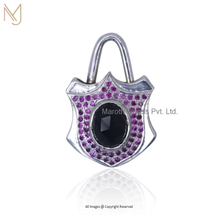 Private Lable 14K Yellow Gold Pink Sapphire And Black Onyx Padlock Pendant