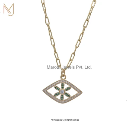 Private Lable 14K Yellow Gold Cubic Zircon And Green Onyx Evil Eye Pendant