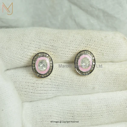 Wholesale 925 Silver Rhodium Yellow Gold Plated Pave Diamond Pink Enamel Rose Cut Polki Diamond Stud Earring