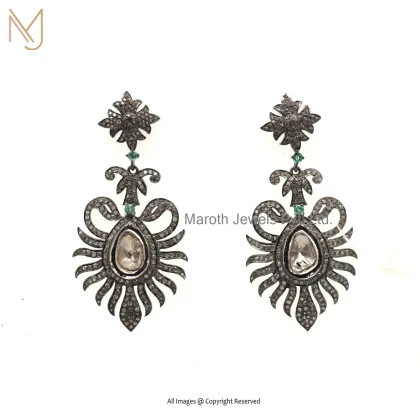 14K White Gold Emerald Rose Cut Polki Pave Diamond Drop Earrings Manufacturer