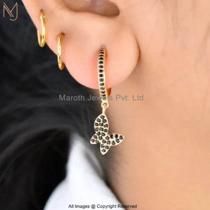 14K Yellow Gold Black Cubic Zircon Butterfly Hoop Earring Manufacturer