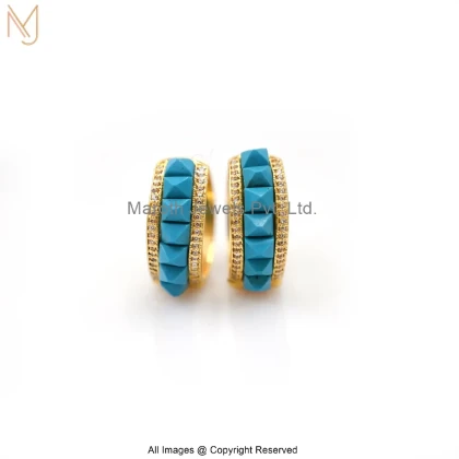 14K Yellow Gold Cubic Zircon Gemstone Turquoise Blue Inlay Hoop Earring Jewelry Supplier
