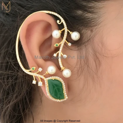 14K Yellow Gold Cubic Zircon Emerald Pearl Vine Ear Cuff Earring Custom Jewelry