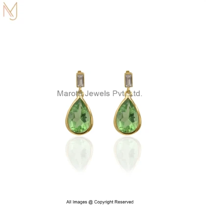 Wholesale 14K Yellow Gold Diamond Baguette Green Pear-Cut Gemstone Drop Earrings