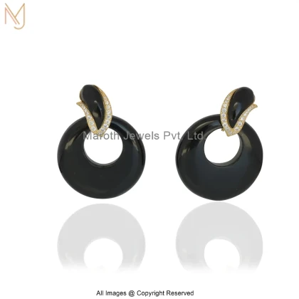 14K Yellow Gold Diamond Cubic Zircon Black Onyx Eclipse Donut Drop Earrings Custom Jewelry