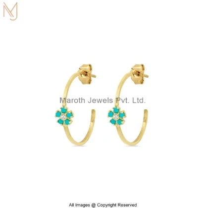 14K Yellow Gold Diamond Gemstone Flower Design Hoop Earring Custom Jewelry