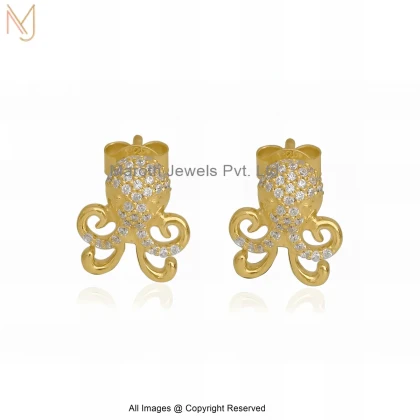 14K Yellow Gold Cubic Zircon Royal Octopus Diamond Stud Earrings Manufacturer