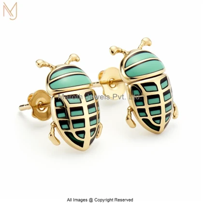 14K Yellow Gold Enamel Scarab Beetle Stud Earring Custom Jewelry