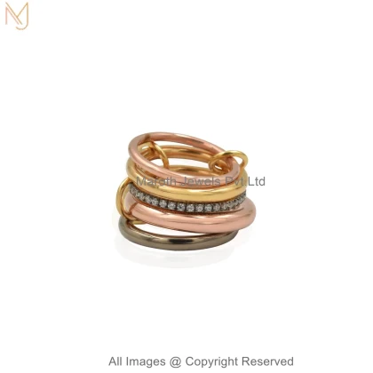 Private Lable 14K Yellow Gold Pave Diamond Cubic Zircon Gemstone Two Tone Multi Band Connector Ring